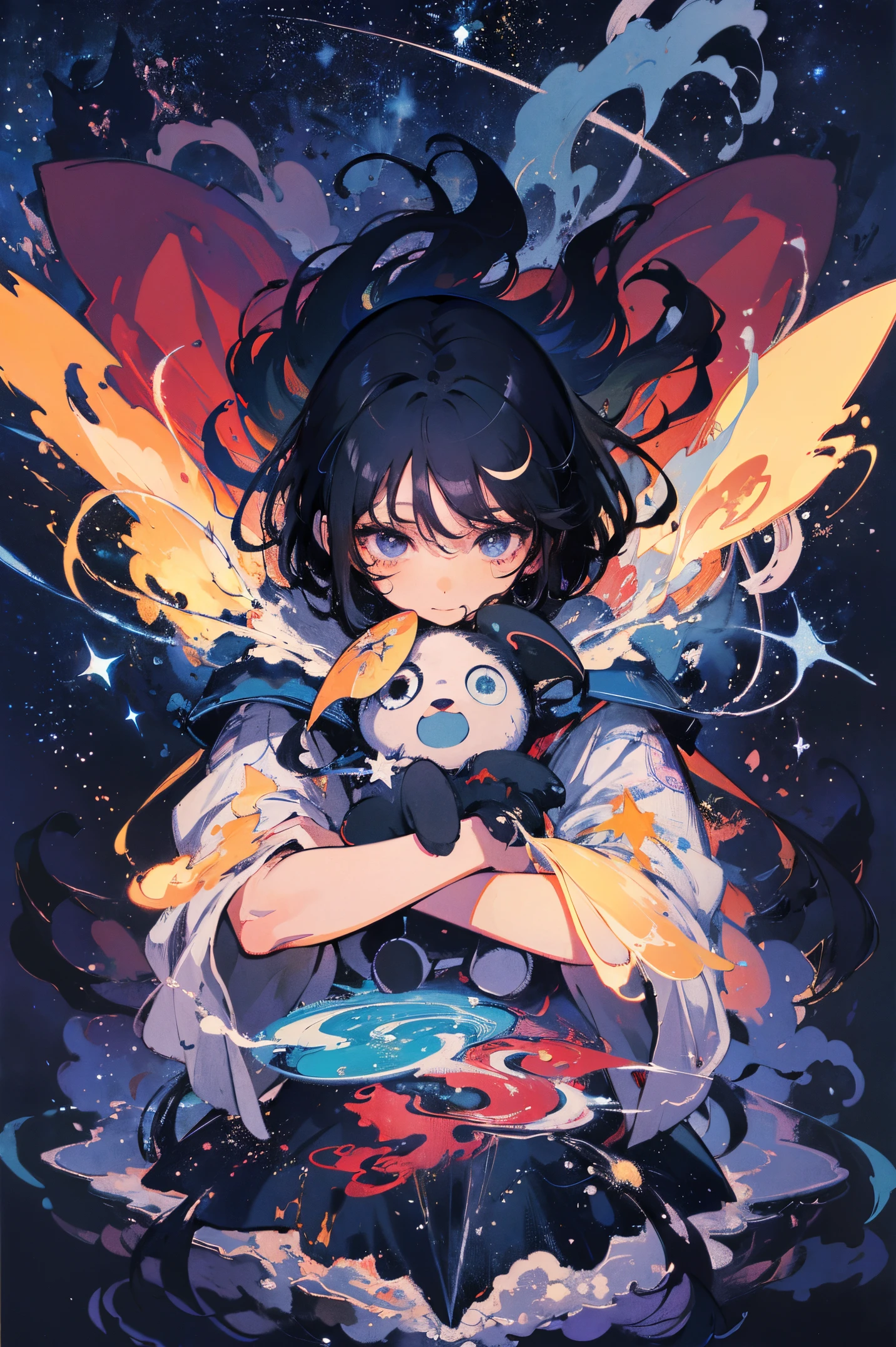 (​masterpiece、top-quality、Official art:1.2)、Look at viewers、(Little Girl))、（Wizard's Clothing）（black colored hair）（Hug a stuffed animal），star island、watering fragmentation group），floating colorful starry sky、(2D:1.5)