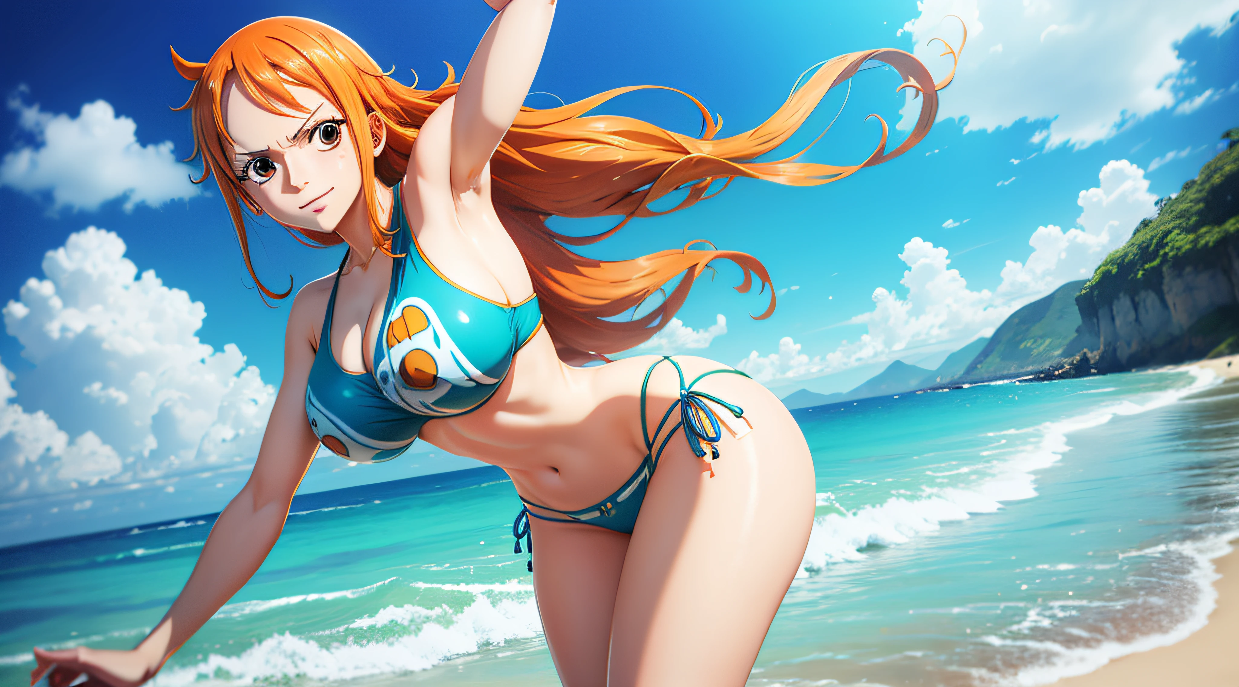 Estilo de Arte de Anime,nami from one piece,olhos castanhos,cabelo de rabo de cavalo longo laranja,corar,playful expression,dynamic pose,wearing bikini, Standing on the beach,shimmering blue seawater, cores vibrantes.Backview
