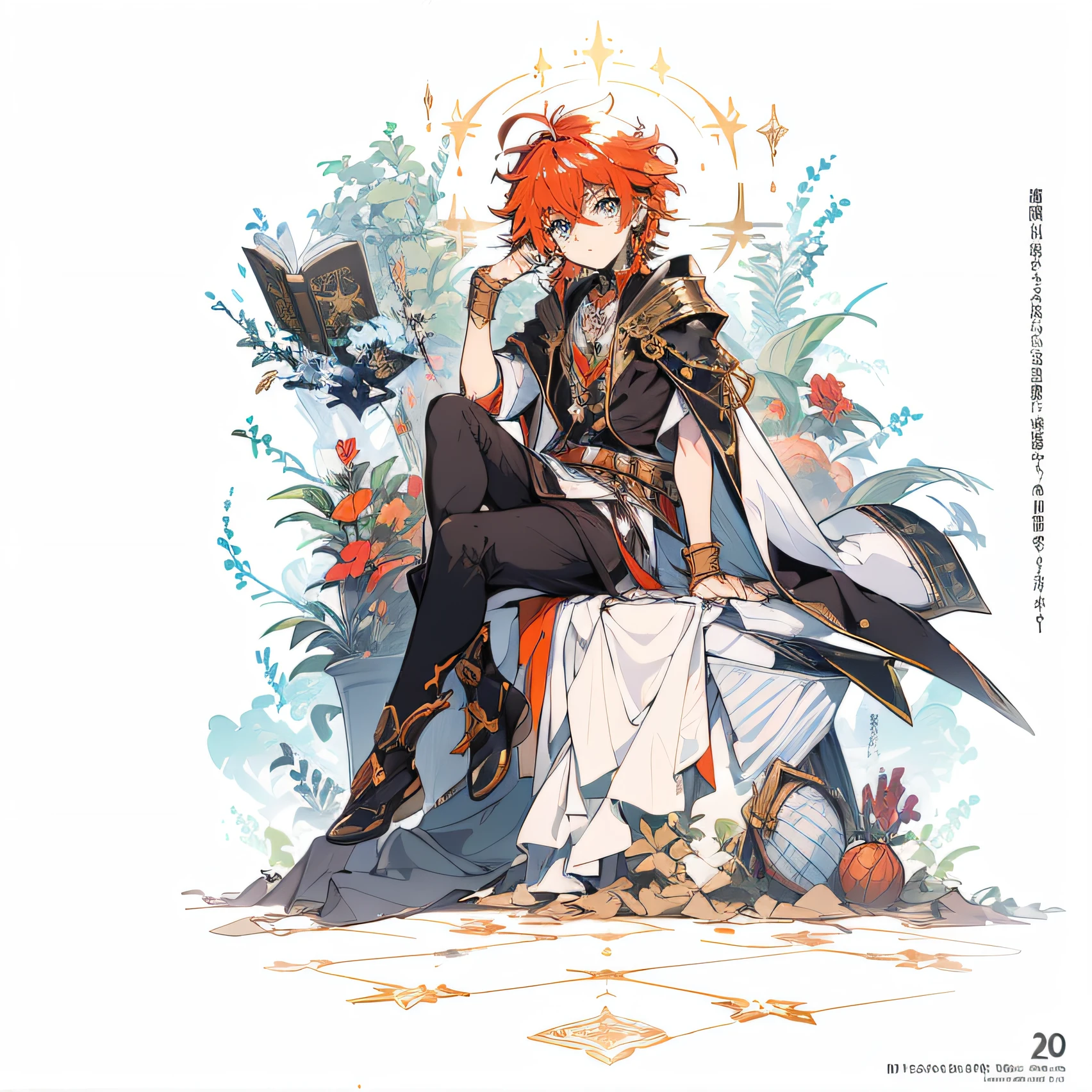 ((tmasterpiece, Best quality)), Detailed faces, character design sheet，male people, Very detailed fantasy style，golden caramel，Extremely beautiful，Natural soft light，Star decoration,curator，Male Shota，shota，magic book，Gorgeous special effects，priest decoration，flashy clothes，orange color hair