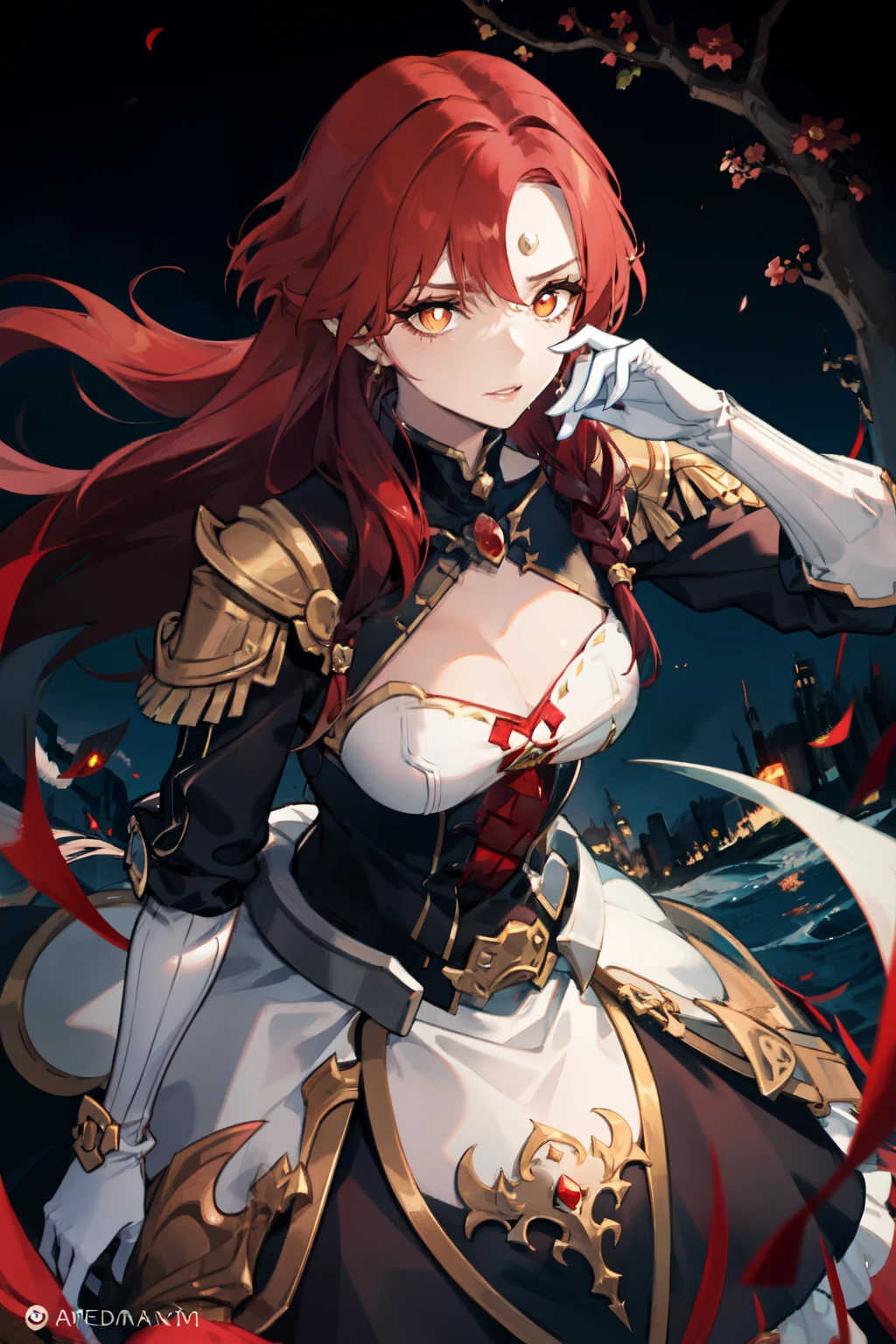 , flowing red hair, cavaleira, armadura vermelha, noite, corpo inteiro, uma meninas vermelhos, red pupils