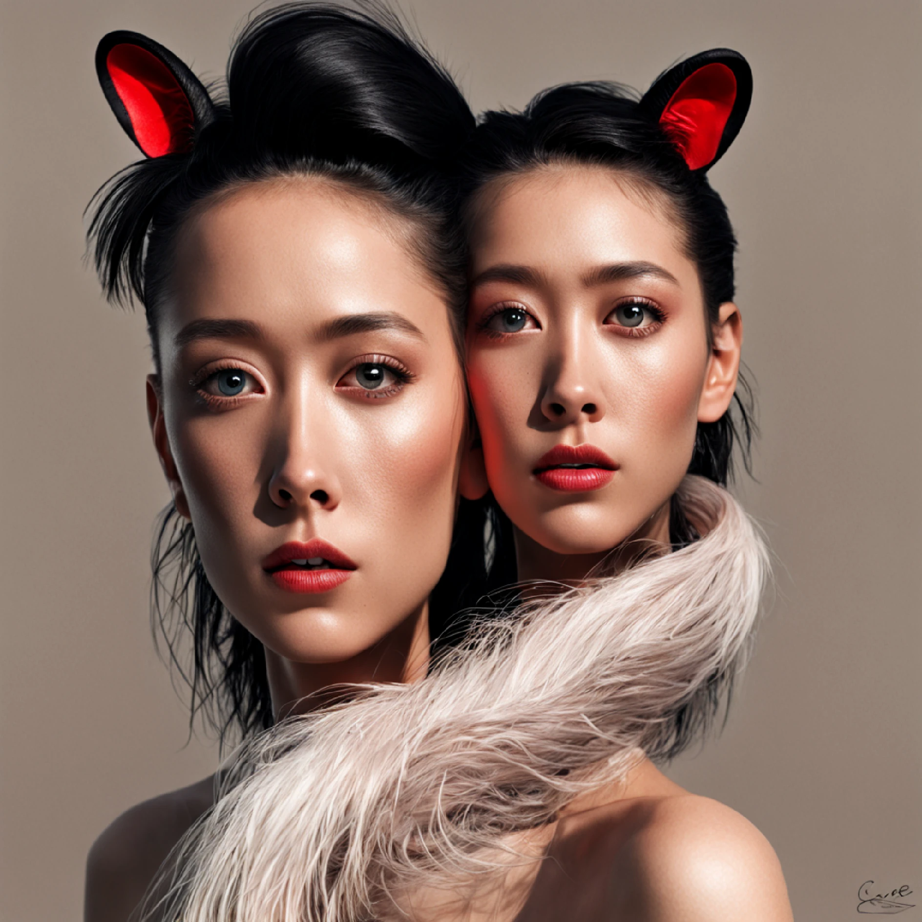 black hair, hair bobbles, wince, longeyelashes, solid circle eyes, fake animal ears, light smile, ear blush, fang, Surrealism, drop shadow, anaglyph, stereogram, tachi-e, pov, atmospheric perspective, 8k, super detail, ccurate, best quality