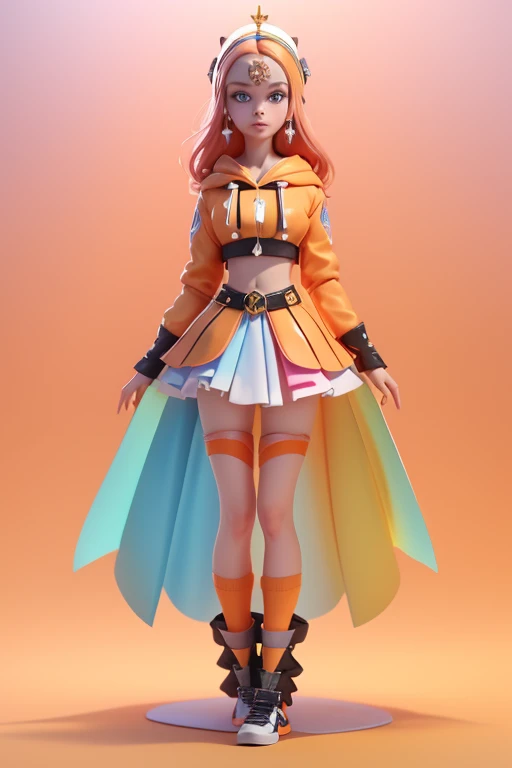 Poppy is a freckled and fair-skinned teenage girl with a medium build. She has bright orange, hip-length, wavy hair streaked with hues of peach parted in the middle, offset by her large, pale sky blue eyes. Her makeup typically consists of shimmery orange eyeshadow mixed with brown and pink, winged black eyeliner, glittery highlight, and bold coral lipstick. Poppy's secondary outfit consists of a cropped, pale orange hoodie decorated with a rainbow underlining the word "RAINBOW" in shimmery gold letters across the chest. The hoodie also has white stripes containing the word "RAINBOW," repeating running down her arms. She also wears an orange vinyl miniskirt with floor-length cross-lacing running down the right side. Her shoes are orange strapped heels with a molded monarch butterfly design on the back, accessorized with shiny gold ankle socks.