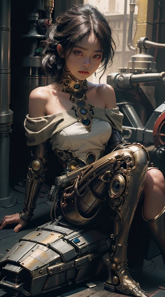 Best quality, masterpiece, ultra high res, (photorealistic:1.4), RAW Photography, 1 girl, off shoulder, cinematic lighting, Malay Girl, mechanical arms, mechanical body, mechanical face, sit in ledge, machinery background, Dynamic Pose