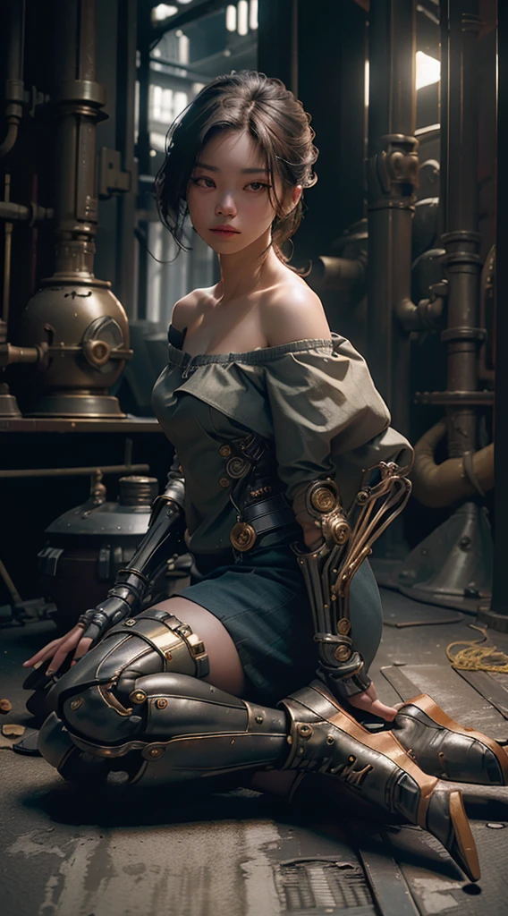 Best quality, masterpiece, ultra high res, (photorealistic:1.4), RAW Photography, 1 girl, off shoulder, cinematic lighting, Malay Girl, mechanical arms, mechanical body, mechanical face, sit in ledge, machinery background, Dynamic Pose