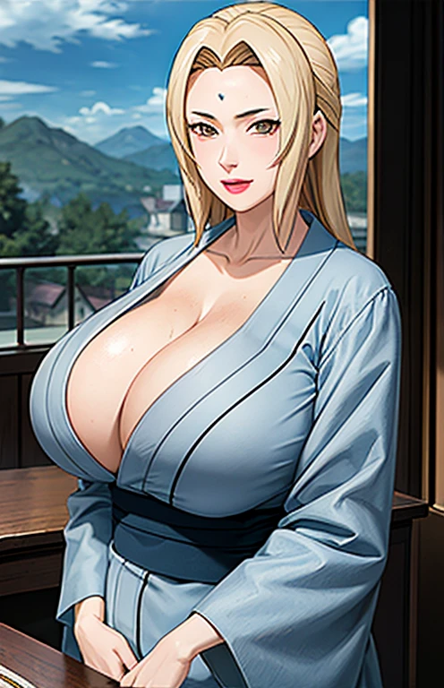 (huge tits), cleavage, good anatomy, masterpiece, best quality, 4k, 8k, professional photography, soft light, sharp focus, 1 girl,  blonde hair, kimono, (mountain), clouds, blonde hair, parted banks, detailed face+brown eyes, smile, closed lips, lipstick, bookshelves,