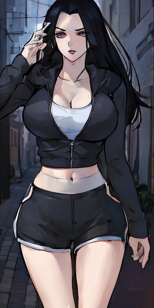 anime girl in black top and shorts walking down a street, tifa lockhart,  girl fanart, anya from spy x family, nico robin, tifa lockheart, hinata hyuga, portrait of tifa lockhart, tifa lockhart portrait, tifa, thicc, tifa lockhart with white hair, black haired girl wearing hoodie, cute sportswear