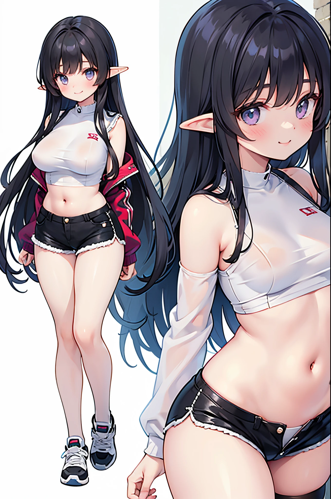 Realistic image, detailed image, 1 elf, She has purple eyes, She has long flowing black hair, She wears a short dark colored blouse that exposes part of her stomach, matching dark shorts, She wears sexy thin thong. Stockings to mid-thigh, sneakers. She has medium tits, narrow waist, wide hips and thick thighs. smiling. Full body view. Arched back. white background. Uniform background. Volumetric light. Ambient light.
