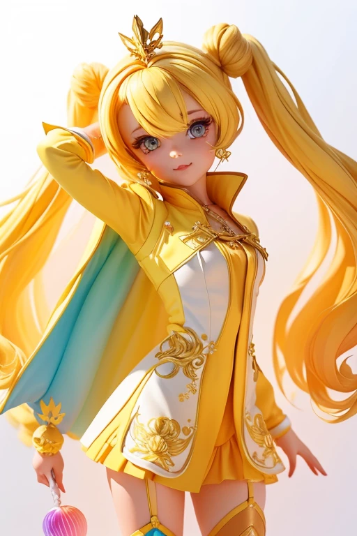 Sunny is a teenage girl with a medium build and warm-undertoned deep skin, though sometimes throughout the animated series, it ranges from darker to lighter. She has bright yellow hair styled into a combination of odango buns and twin tails, which appears straight with straight cut ends in the animated series. Her greenish hazel eyes are framed by a blunt fringe, and she has four strands of hair on the front, two being short and the other two being long and curled. Her makeup typically consists of shimmery gold eyeshadow mixed with warm colors, sparkly highlight, and berry-colored lipstick. Sunny's signature outfit consists of a sparkly, pastel yellow baby doll dress with gold glitter dots under a golden jersey-style jacket. The jacket has white sleeves decorated with the word "RAINBOW" across the arms and a detailed drawing of a sun and moon on the back. She also wears thigh-high athletic socks with a rainbow stripe across the top and golden sneakers with a high rainbow platforms and white laces.