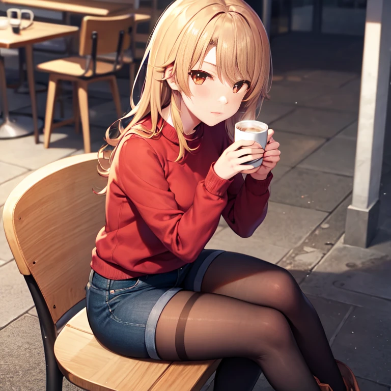 Isshiki Roha, Long hair, well drawn hand drawn hair,Brown-eyed, Big red sweater, shortpants,A sweater large enough to cover your pants,Short boots, Solo,Black tights,tea shop,Sitting on a chair,Holding coffee in both hands