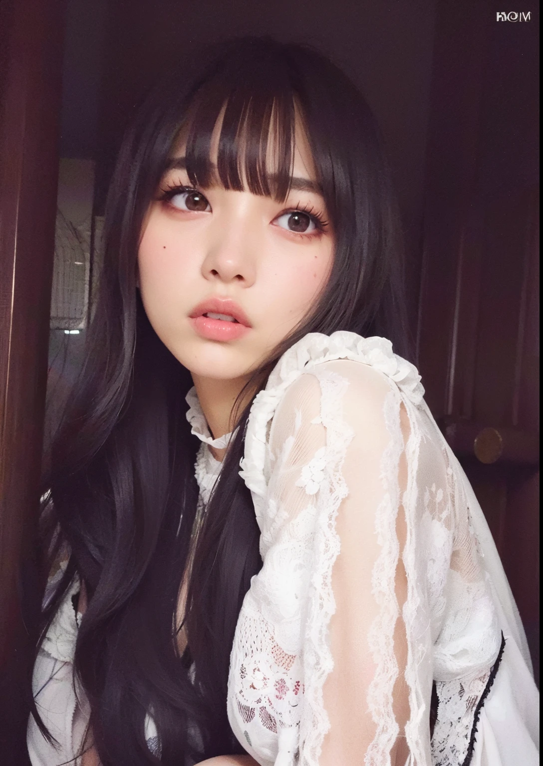 um close up de uma mulher com longos cabelos pretos vestindo uma camisa branca, Ela tem cabelo preto com franja, olhos azuis e claros, cabelo cacheado, Kiko Mizuhara, Sui Ishida com cabelo preto, Chiho, Lalisa Manobal, Shikami, com franja, com franja completa, Lalisa Manoban do Blackpink, Directed by: Torii Kiyomoto, jossi do blackpink