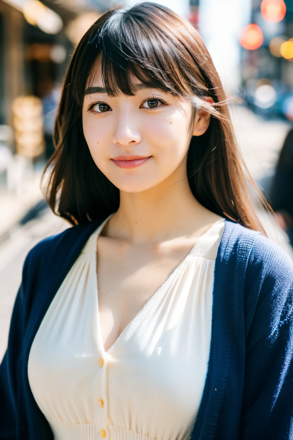 (skin blemish:1.2), (skindentation), black eye, 1woman, 25yo, (((woman))), solo, realistic, best quality, photorealistic, masterpiece, 8k, high res, solo, extremely detailed face, (professional lighting, bokeh), (light particles, lens flare, glowing particles:0.6), (dynamic pose:1.2), soft lighting, top angle view, fashionable and trendy atmosphere, japan, street, tokyo, city, ((daytime)), sky, ((looking at the viewer:1)), (looking at the camera),(portrait:0.6), cowboy shot, gorgeous, standing, keep original facial proportion, wide shoulder, full body, (small breast), (medium hair), brown hair, floating hair, lips, lipstick, seductive smile, floating hair, smile, open_mouth, teeth, (sleeves less white blouse), (jumper skirt), eyelashes, mole, (mole under eye:1),