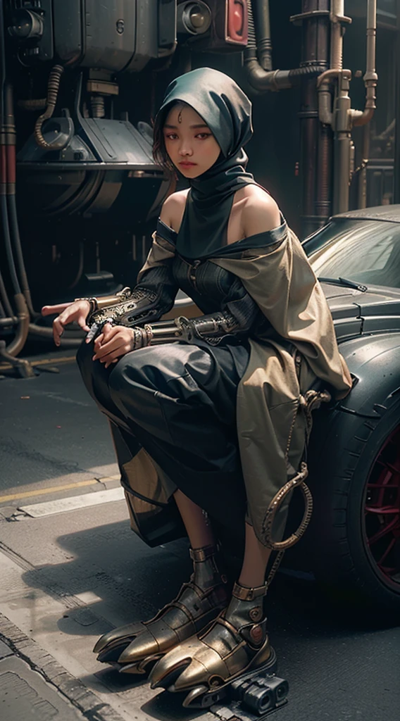 Best quality, masterpiece, ultra high res, (photorealistic:1.4), RAW Photography, 1 girl, off shoulder, cinematic lighting, Hijabi Malay Girl, mechanical arms, mechanical body, mechanical face, sit in ledge, machinery background, Dynamic Pose