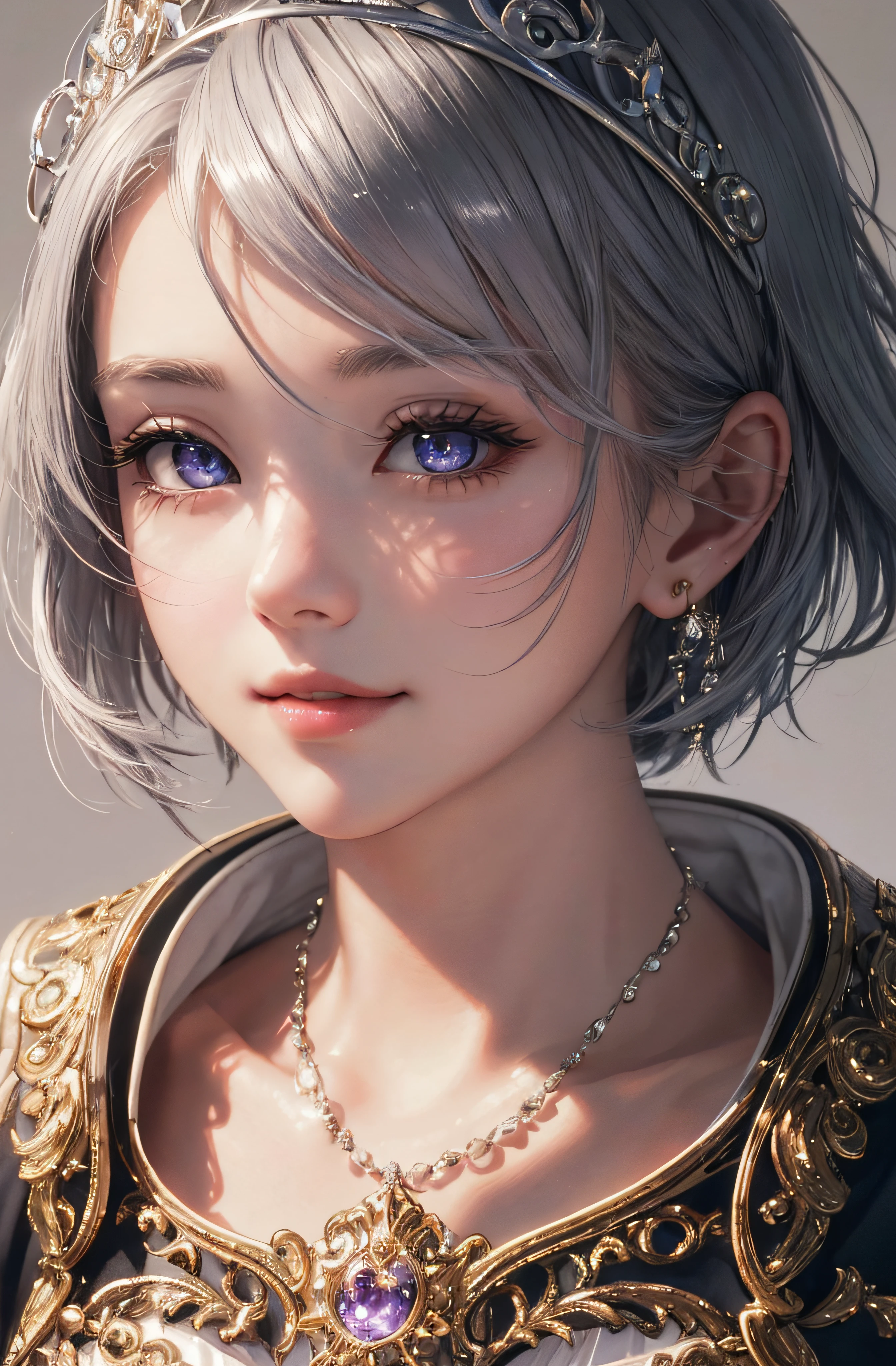8K、realphoto、超A high resolution, Master Parts, Best Quality, nffsw , cinematic images,Lovely girl、ann、16 only、Anglo-Saxon、二重まぶた、drooing eyes、Very big eyes、Eyes purple、Dark eye shadow、The lips are very thin、The tip of the nose stretches beautifully.............、the tip of the nose is small,,,,, ighly detailed , Silver hair、Straight short hair、ssmile、 Sweet look 、a very beautiful woman、legs are long、 Very clear shadows , jewely , A sexy , A detailed eye, very intricate, shiny skins , Perfect Brilliant, Perfect Lighting, Dramatic shadows、White tiara on head
