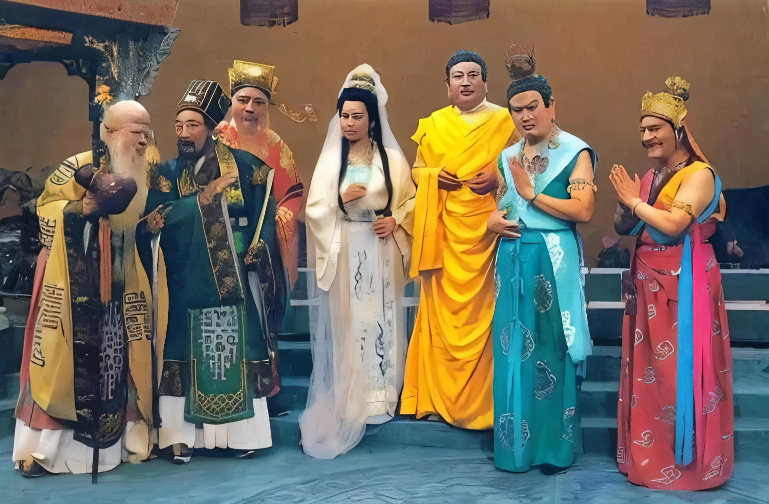 A group of believers in traditional costumes stand on the stage, Wearing ancient Chinese clothes, chinese three kingdoms, Golden robe, tang dynasty, history drama, TRADITIONAL CHINESE COSTUMES, wearing a long flowing robe, confucius and jury trial, A cinematic scene, beijing opera, classical robes, Chinese mythology, Scenes from live-action movies, Still in the movie