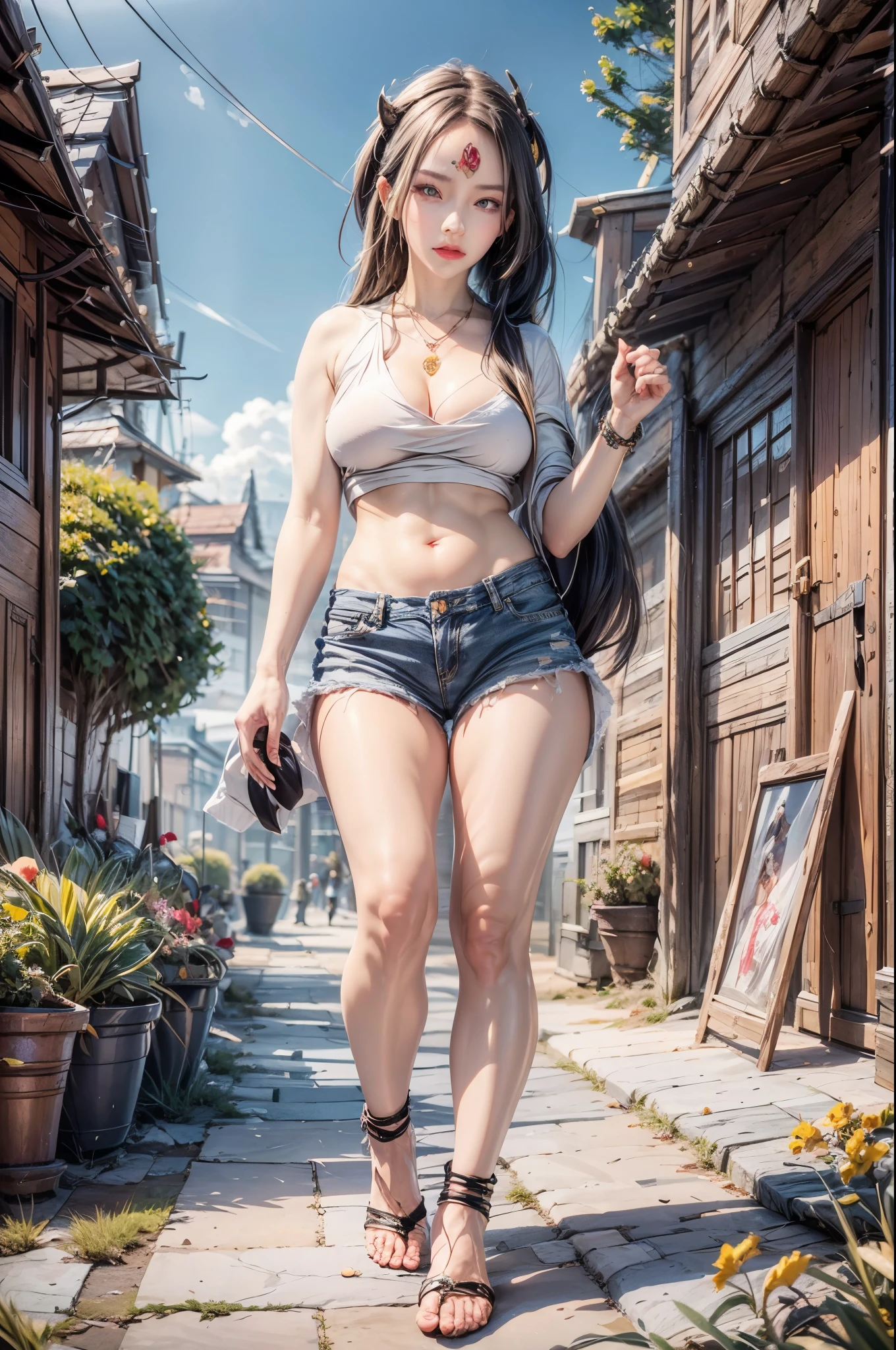realistic, 1 women, best quality, 12k, HD, long hair, big round breasts, cleavage, ponytail, necklace, jewelry, shorts, short jacket, slim hips, hair tie, yellow eyes, black hair, super detailed, Eye details, hair details, person details, mouth details, face details, breast details, clothes details, hair details, pants details, hand details, whole body