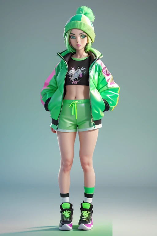 Jade is a fair skinned teenage girl with a medium build. She has wavy, hip-length apple green hair parted to the side and turquoise doe-eyes. Her makeup typically consists of various shades of green eyeshadow combined with a chocolate-colored smoky eye, rosy blush, and taupe nude lipstick. Jade's signature outfit consists of a baggy, black T-shirt with a large "Anti Sparkle Sparkle Club" logo partially covered by a crude, bright green heart. She wears neon green midi or knee length shorts with a black graffiti pattern spelling out various phrases across them, for example Rainbow and Sparkle. She also has a bright green puffer jacket, and a lime green beanie. Her shoes are neon green sneakers with a translucent pink gel sole, black laces, and white bubble letters that spell "RAI" on one side and "BOW" on the other.