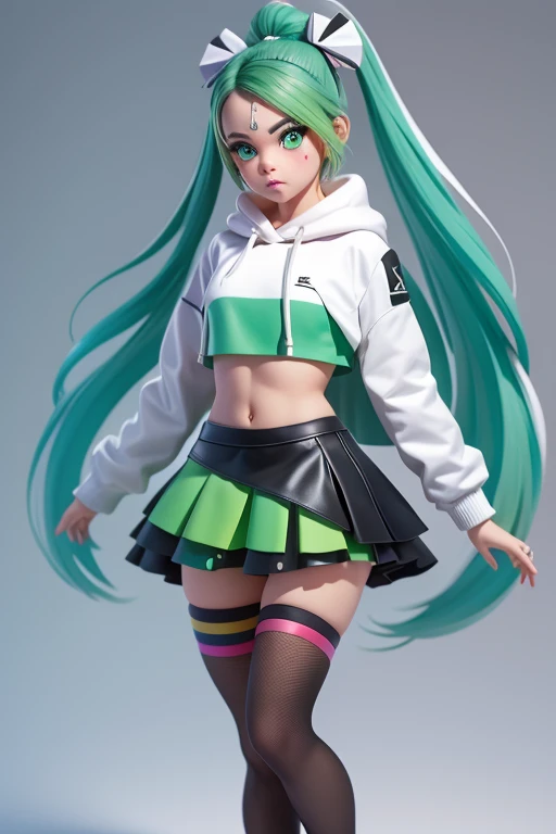 Jade is a fair skinned age girl with a medium build. She has wavy, hip-length apple green hair parted to the side and turquoise doe-eyes. Her makeup typically consists of various shades of green eyeshadow combined with a chocolate-colored smoky eye, rosy blush, and taupe nude lipstick. As a cheerleader, Jade's outfit consists of a long sleeved, white bolero hoodie covered in the word "RAINBOW" in stylized, black font. At the elbows, the design transition to black, green, and white chevron stripes. Under it, she wears a green crop top with a black band that repeats the word "RAINBOW" all around. She has a matching, asymmetrical skirt with a diagonal cut, a small slit over the left leg, and black leather trim. There's a black "RH" logo on the bottom right side of the skirt and the word "RAINBOW" in black text written diagonally across the skirt's right slit. Under the skirt, she wears knee-length fishnet leggings. Her hair is pulled back into a high ponytail, adorned with a black leather bow, and parted by four silver hairpins in the middle. As the only girl on the cheer squad to be wearing flats, her shoes are chunky, green athletic sneakers with black accents and bright blue laces. On her cheeks are two stripes of black face paint. Over the stripes are white text with a translucent green glitter outline. One cheek reads "GO TEAM" and the other "RAINBOW".