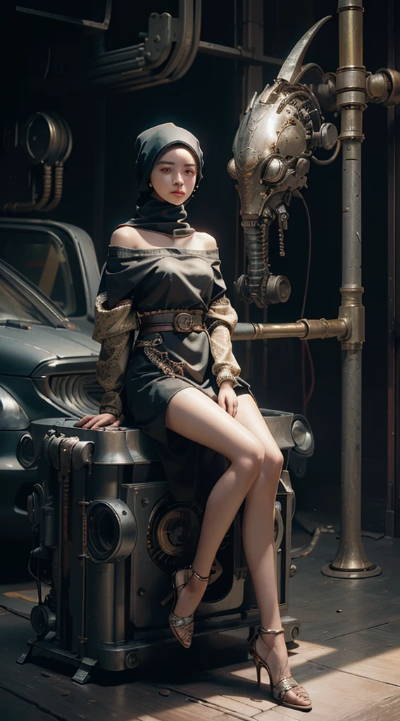 Best quality, masterpiece, ultra high res, (photorealistic:1.4), RAW Photography, 1 girl, off shoulder, cinematic lighting, Hijabi Malay Girl, mechanical arms, mechanical body, mechanical face, sit in ledge, machinery background, Dynamic Pose, Modest Outfit, (Full Body)