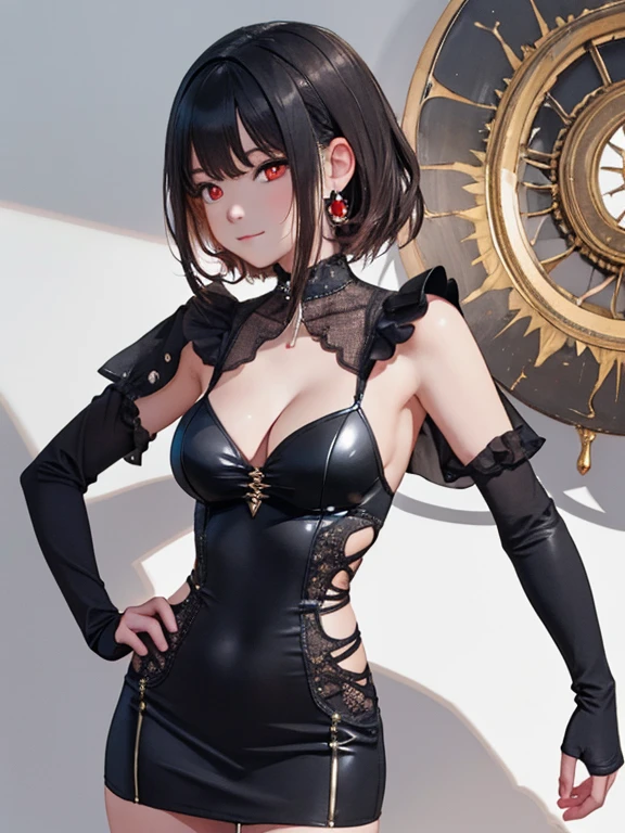 ((masterpiece、top-quality:1.5、a high chroma:1.5、ultra-detailliert、high-resolution illustrations:1.5、Ultra-high-definition CG、8k size wallpaper、offcial art))、(front view:1.8),(1woman,),(Shining red eyes:1.5),(cute face:1.5,cute eyes:1.5)、(close to viewer:1.5),
(clear face:1.3)、(sexy body),(black fantasy dress:1.5),((intricate detailes,detailed fantasy dress)), (Beautiful dress in every detail),(large breasts:1.5),(s fractal art:1.3)、highly colorful、,(Shining red eyes:1.2),fantasy