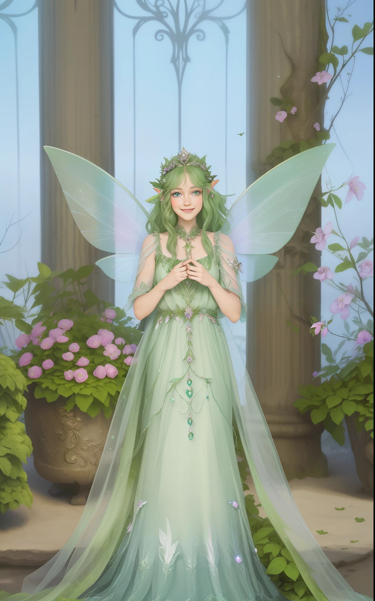 Exquisite and rich detailore details optimization，French-German image wearing green dress and fairy wings, fairy aesthetics, Smile like a fairy king, ethereal fairytale, ethereal wings, Fairy King of Summer Forest, Immortal King, beautiful fairie, tiny faeries, beautiful and elegant elf queen, Ethereal fantasy, Fairy tale core, Elf Princess, forest fairy, portrait of a fairy