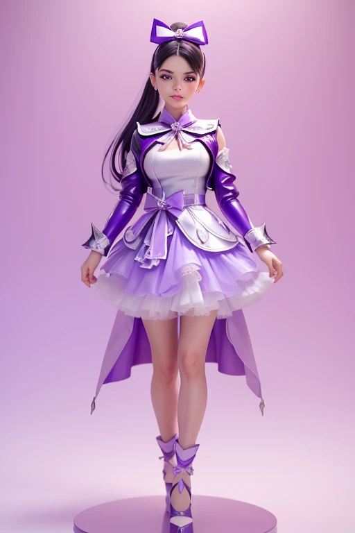 Violet is a fair-skinned ager with a medium build. She has lavender, hip-length hair partially pulled up into a high ponytail decorated with streaks of silver and periwinkle. Her large, blue eyes are framed by her blunt fringe. Her makeup typically consists of shimmery purple eyeshadow, contour emphasizing her natural cheekbones, and nude lipstick. Violet's second outfit consists of a short, lavender dress with a sweetheart neckline, white straps with the word "RAINBOW" repeating on them in black text, and a bow on the chest. The skirt is covered with a poufy tulle overlay decorated with silver gems. Around the waist, she has a bow tied with a ribbon identical to the dress straps that extends down to the floor. Over the dress, she wears a pinkish-purple leather moto jacket with a cropped fit. Her shoes are purple clunky heeled sandals with a ribbon strap tied into a bow around her ankle