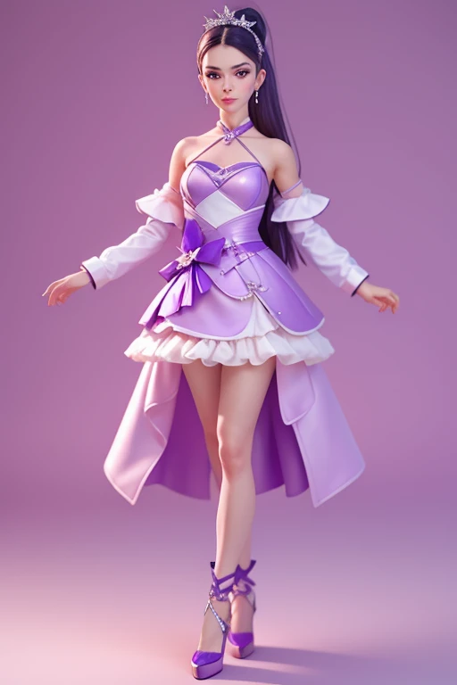 Violet is a fair-skinned teenager with a medium build. She has lavender, hip-length hair partially pulled up into a high ponytail decorated with streaks of silver and periwinkle. Her large, blue eyes are framed by her blunt fringe. Her makeup typically consists of shimmery purple eyeshadow, contour emphasizing her natural cheekbones, and nude lipstick. Violet's second outfit consists of a short, lavender dress with a sweetheart neckline, white straps with the word "RAINBOW" repeating on them in black text, and a bow on the chest. The skirt is covered with a poufy tulle overlay decorated with silver gems. Around the waist, she has a bow tied with a ribbon identical to the dress straps that extends down to the floor. Over the dress, she wears a pinkish-purple leather moto jacket with a cropped fit. Her shoes are purple clunky heeled sandals with a ribbon strap tied into a bow around her ankle
