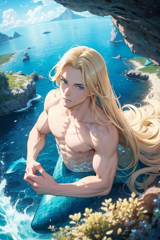1man, underwater, skeleton,corpse,Beneath the sea, where tendrils of coral and vines abound, a (mermaid) young man with long blonde hair stares at you from amidst a pile of bones and skulls. His eyes gleam with an eerie light.