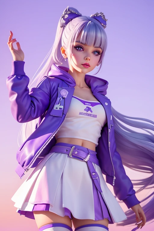 Violet is a fair-skinned teenager with a medium build. She has lavender, hip-length hair partially pulled up into a high ponytail decorated with streaks of silver and periwinkle. Her large, blue eyes are framed by her blunt fringe. Her makeup typically consists of shimmery purple eyeshadow, contour emphasizing her natural cheekbones, and nude lipstick. Violet's cheer uniform consists of a lavender and white tank top with black stripes and the number "34" and a jacket-like white iridescent hoodie. and for her skirt she wears a lavender skirt with purple knots and a white belt-like stripe on the top of the skirt with the word "RAINBOW" on it. for her footwear she wears ankle-high tube socks, lavender and white athletic sneakers with a stiletto heel. her hair is tied into a straight ponytail and her bangs are pulled back. she also wears a lavender and white bow with the word "RH" on it. her makeup consists of purple eyeshadow and eyeliner, and face paint that consists of "R" at the left and "H" at the right of her cheeks and bright pink lipstick.