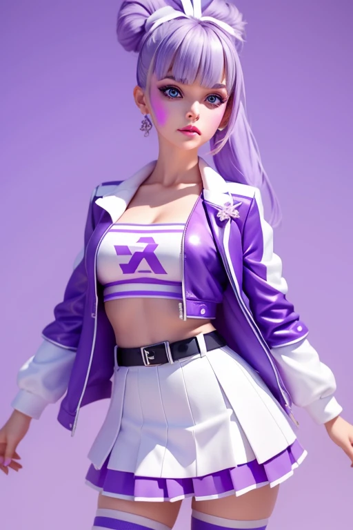 Violet is a fair-skinned teenager with a medium build. She has lavender, hip-length hair partially pulled up into a high ponytail decorated with streaks of silver and periwinkle. Her large, blue eyes are framed by her blunt fringe. Her makeup typically consists of shimmery purple eyeshadow, contour emphasizing her natural cheekbones, and nude lipstick. Violet's cheer uniform consists of a lavender and white tank top with black stripes and the number "34" and a jacket-like white iridescent hoodie. and for her skirt she wears a lavender skirt with purple knots and a white belt-like stripe on the top of the skirt with the word "RAINBOW" on it. for her footwear she wears ankle-high tube socks, lavender and white athletic sneakers with a stiletto heel. her hair is tied into a straight ponytail and her bangs are pulled back. she also wears a lavender and white bow with the word "RH" on it. her makeup consists of purple eyeshadow and eyeliner, and face paint that consists of "R" at the left and "H" at the right of her cheeks and bright pink lipstick.