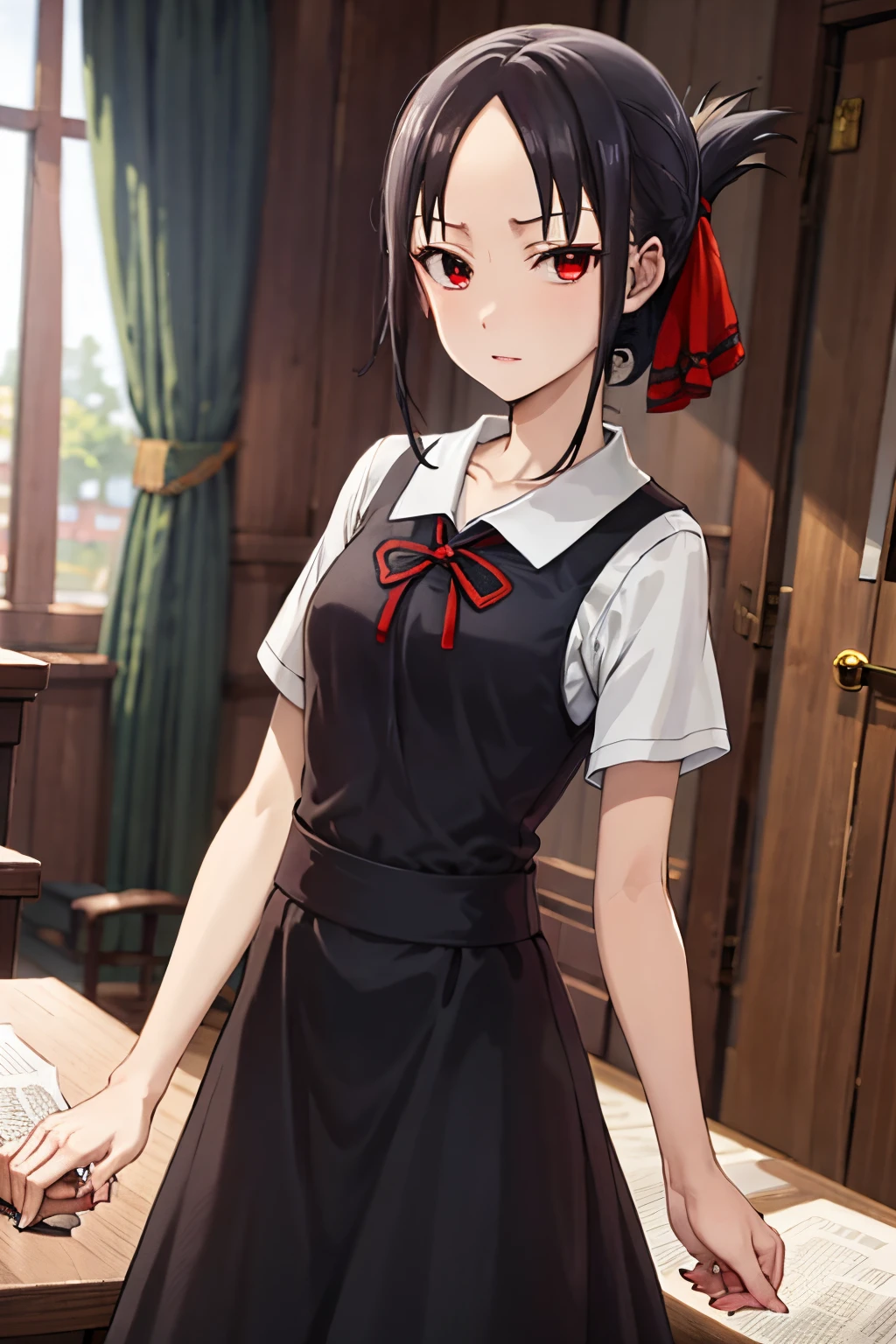 kaguyashinomiya, kaguya shinomiya, folded ponytail, forehead, hair ribbon, (red eyes:1.5), red ribbon, ribbon, short hair, sidelocks, (small breast:1.2),
BREAK black dress, dress, pinafore dress, school uniform, shirt, short sleeves, shuuchiin academy school uniform, white shirt,
BREAK looking at viewer,
BREAK indoors, classroom,
BREAK (masterpiece:1.2), best quality, high resolution, unity 8k wallpaper, (illustration:0.8), (beautiful detailed eyes:1.6), extremely detailed face, perfect lighting, extremely detailed CG, (perfect hands, perfect anatomy),