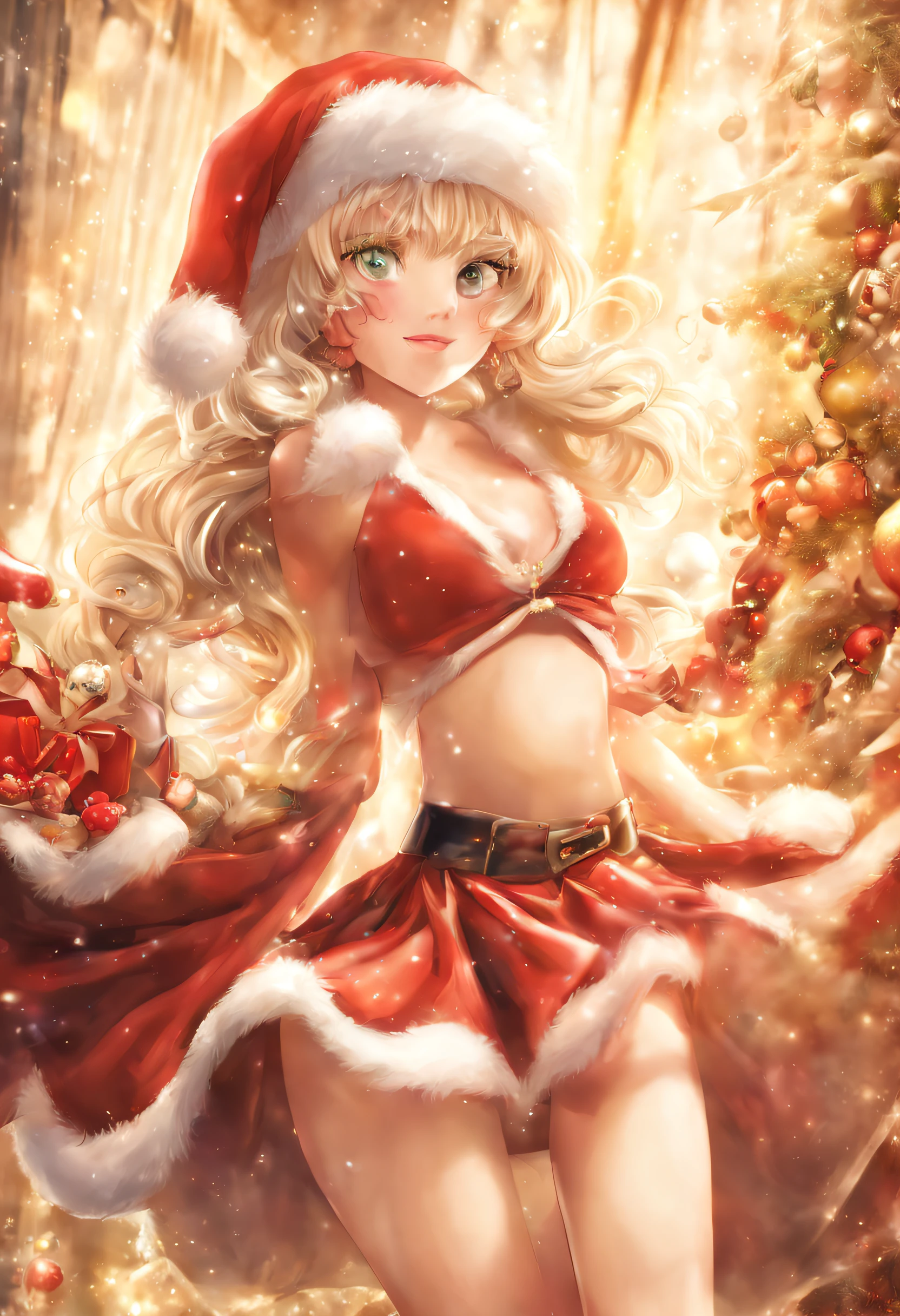 The theme is windows, Perfect human body, Christmas Eve, (((She&#39;s wearing a Santa Claus costume，There are a lot of decorations on it.. Skirt Style Santa Claus Costume))), ssmile, Long gray hair, Beutiful women, hair adornments, light glow, upper legs, cloud, large hat, a lamp,