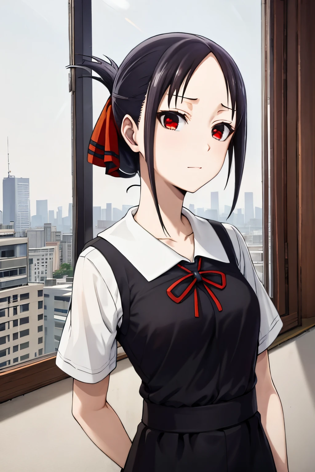 kaguyashinomiya, kaguya shinomiya, folded ponytail, forehead, hair ribbon, (red eyes:1.5), red ribbon, ribbon, short hair, sidelocks, (small breast:1.2),
BREAK black dress, dress, pinafore dress, school uniform, shirt, short sleeves, shuuchiin academy school uniform, white shirt,
BREAK looking at viewer,
BREAK indoors, classroom,
BREAK (masterpiece:1.2), best quality, high resolution, unity 8k wallpaper, (illustration:0.8), (beautiful detailed eyes:1.6), extremely detailed face, perfect lighting, extremely detailed CG, (perfect hands, perfect anatomy),