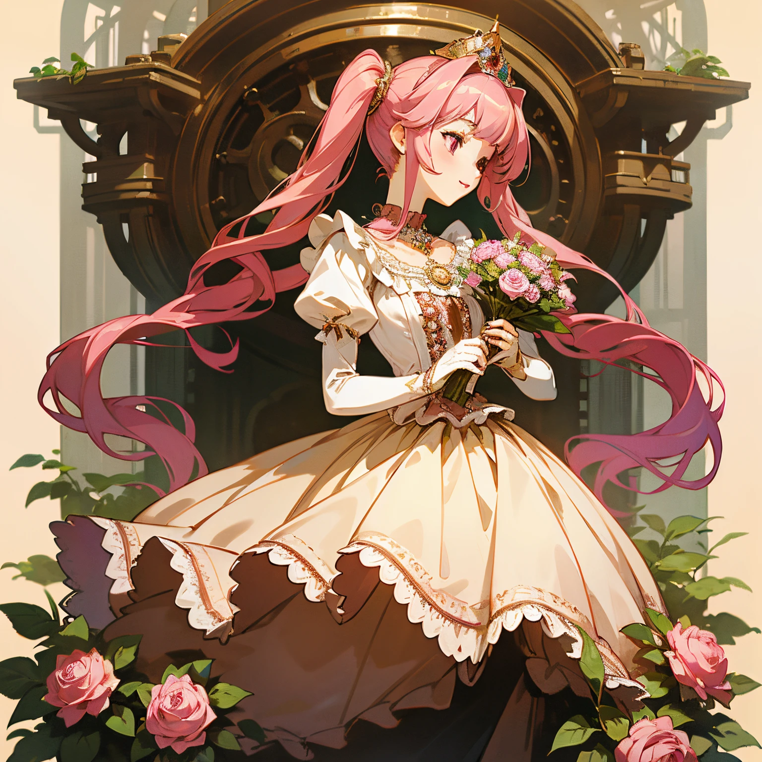 ((Extremely detailed depiction, Super detailed, Exquisite quality, Ultra-high resolution)), cowboy shot, ((A Rococo Victorian gown featuring a voluminous, huge, full-length hoop skirt and a long hem, Princess style skirt))), (((Light yellow satin:1.4))), ((Complex structure, Multi-layered ruffle skirt)), (Glorious reflection, prism, pure white), (((ソロの若いprincess))), Ultra-detailed and detailed face, Very cute face, Cute Smile, (((Pink Hair, ponytail))), Fluffy and smooth curly hair, Expressive hair, Super voluminous long hair, (Blunt bangs, princess_cut), Huge breasts, Cleavage, (Focus on the face:1.5), (((head tilt, looking at viewer, from side view:1.7))), (clear sky:1.2), Super detailedな肌, Skin Dentition, Eyes Blue Eyes, (((Perfect Anatomy))), Colorful flowers in full bloom, (((Surrounded by lots of flowers))), Depth of written boundary, Particle Effects, Caustics, reality, textile shading, 