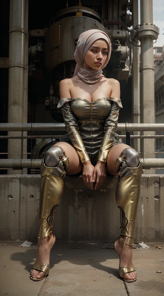 Best quality, masterpiece, ultra high res, (photorealistic:1.4), RAW Photography, 1 girl, off shoulder, cinematic lighting, Hijabi Malay Girl, mechanical arms, mechanical body, mechanical face, sit in ledge, machinery background, Dynamic Pose, Modest Outfit, (Full Body)