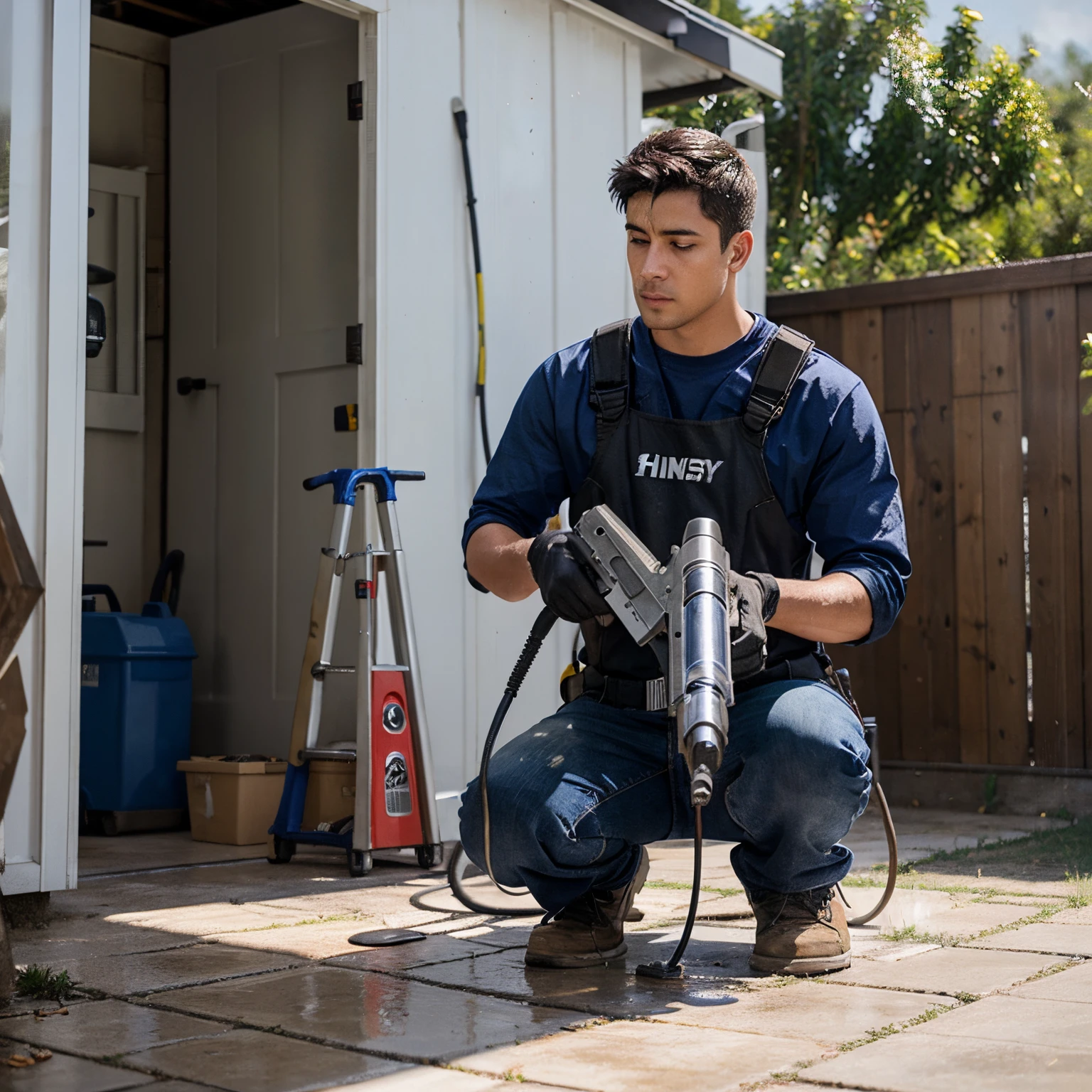 A husky with a pressure washer gun