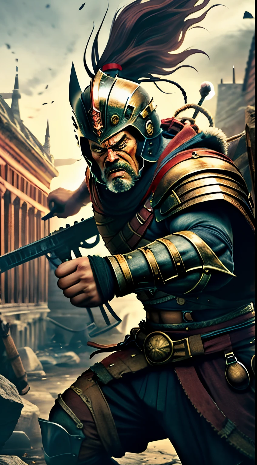 Human Mongal warrior, angry face, in historic times.