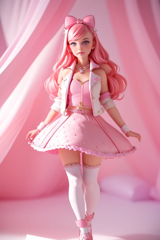 Bella is a teenage girl with a medium build and a fair, rosy skin tone. She has knee-length, wavy, light pink hair that is parted down the right wise of her head, and light purple eyes. Her makeup consists of rose pink eyeshadow with gold glitter highlight and white liner and rose pink lipstick. Bella's secondary outfit consists of a sleeveless, pink tweed mini-dress with a white peter pan collar and a black ribbon bow. Headband Over it, she wears a cropped, pastel pink, leather moto jacket with quilted stitching and shiny pearls decorating the sleeves. She also wears pink knit tights with an "RH" pattern stitched into the fabric. Her shoes are black chunky heeled sandals with pink ribbon straps.