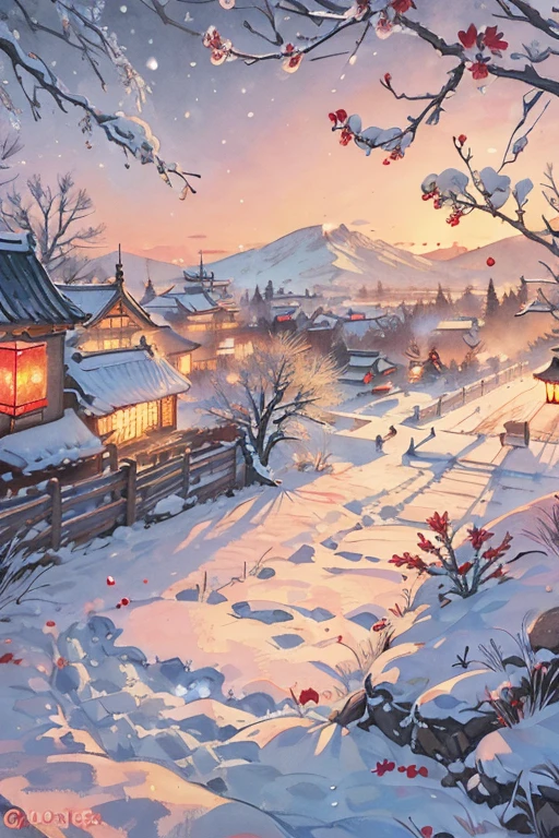 Faraway view,single scene,NOhumans,Outdoor snow view,Antique architecture, winter solstice, Tangyuan, festive atmosphere, flowers blooming,ultra - detailed,hyper HD, Colorful palette, Warm and cozy glow,warm lights,red tint,
