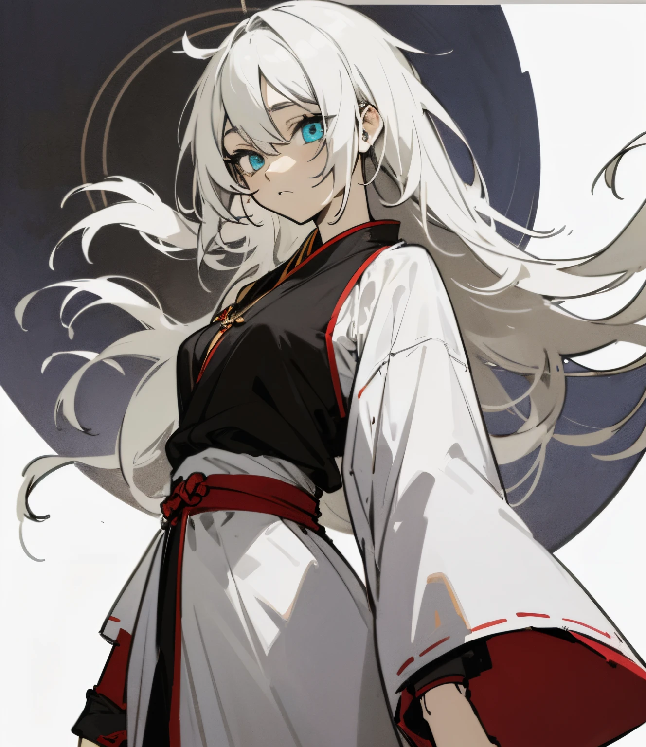 Female character, 1woman, solo, anime, beautiful, aesthetic, illustration, anime artstyle, masterpiece, best quality, detailed, ultra quality, professional artwork, digital art, sexy black chinese short vest with golden details, medieval clothes, half white shorty kimono, warrior clothes, shaman outfit, irresistible, gorgeous, pure art, official art, 4k, hd, anime art, illustration anime digital art, digital, professional artist, white hair, long hair, messy hair, light blue eyes, so pretty, basic expression, shaman, medieval, cool, looking you, , basic art, 2d anime artstyle