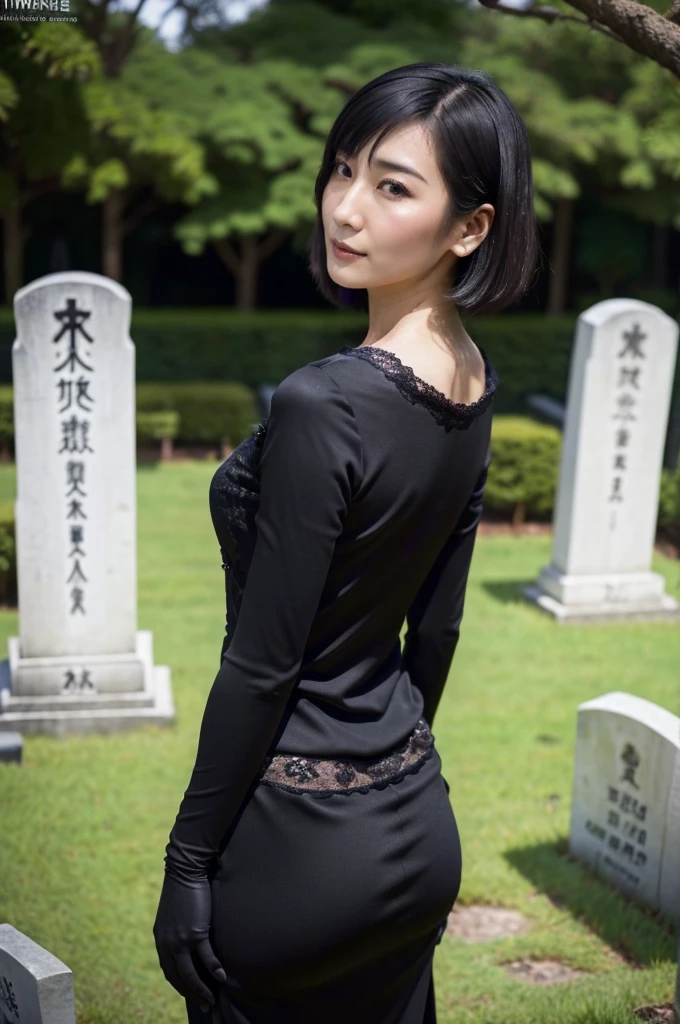 Best quality,8K,ultra - detailed,shot from far away,from back,the only person，exteriors，Japanese young widow,with short black hair,dark lipstick,heavy  makeups，There is a mole in the corner of the left eye,Wearing black mourning clothes,put on black gloves,Beside the stone tombstone，(buttlift:1.5）,real looking skin,long slim figure，（Look back at the camera:1.5）(tmasterpiece),(hyper HD:1.0),(Exquisite),(japanese cemetery),(8K,high high quality),jpn,Very shy expression)