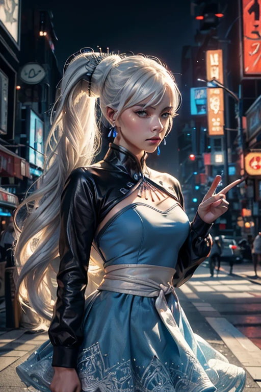 (masterpiece, best quality:1.2), cowboy shot, solo, 1girl, weissmistral, expressionless, closed mouth, looking at viewer, long white hair, side ponytail, blue dress, long sleeves, jewelry, earrings, cyberpunk city background