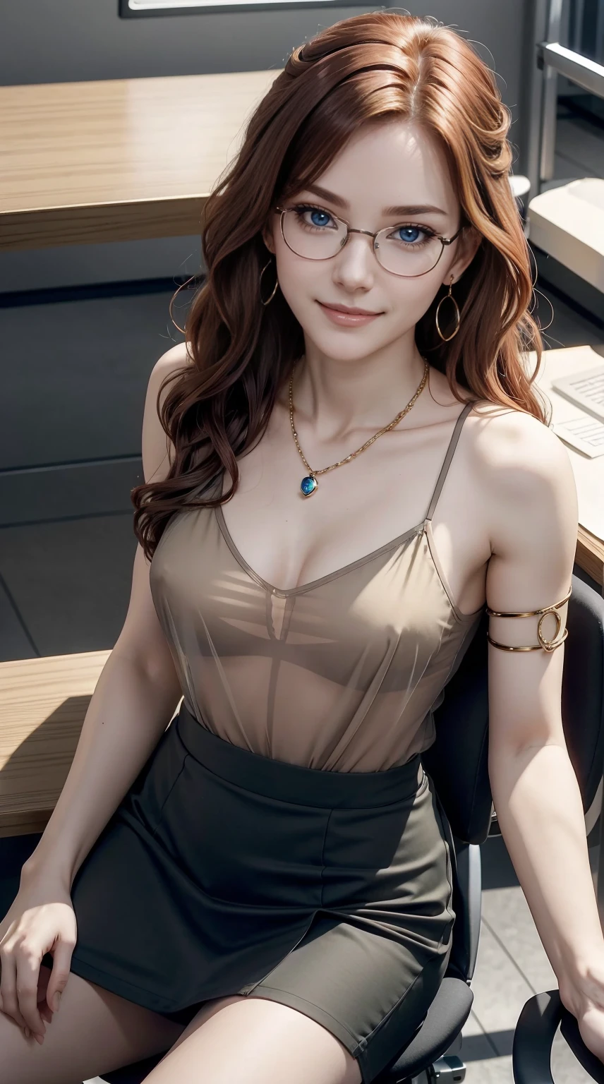 25-year-old Caucasian woman、hair color is reddish、blue eyess、Semi-long、setting hair、Wearing hair ornaments、My hair is wavy、Slender but thin macho、accessories on the wrist、wearing a chain necklace、Beautiful breasts、a smile、I need space above my head、wears glasses with thin frames、She is wearing a mini-length blouse that is transparent.、wearing a tight skirt、a smile、I&#39;m in a partitioned office、I work while sitting on a chair in front of a desk with a laptop on it.