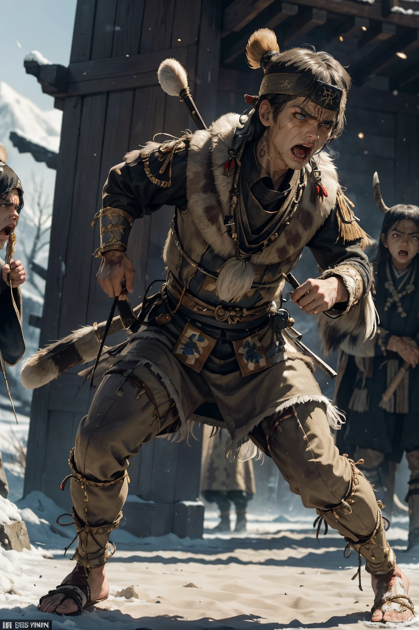 masterpiece, Highly detailed, super realistic, detailed background, bright Lighting, Daylight, beautiful face, beautiful eyes,
 medieval style, 4k, 8k, man, solo, 
(15-years-old zombie boy:1.2),
(wearing Costume of the Ainu people:1.5),
(arctic clothes),
(dynamic angle),(dynamic pose),
(full body:1.5),(running),
(be scared),(pale face),
(screaming),(inflamed eyes),(angry),