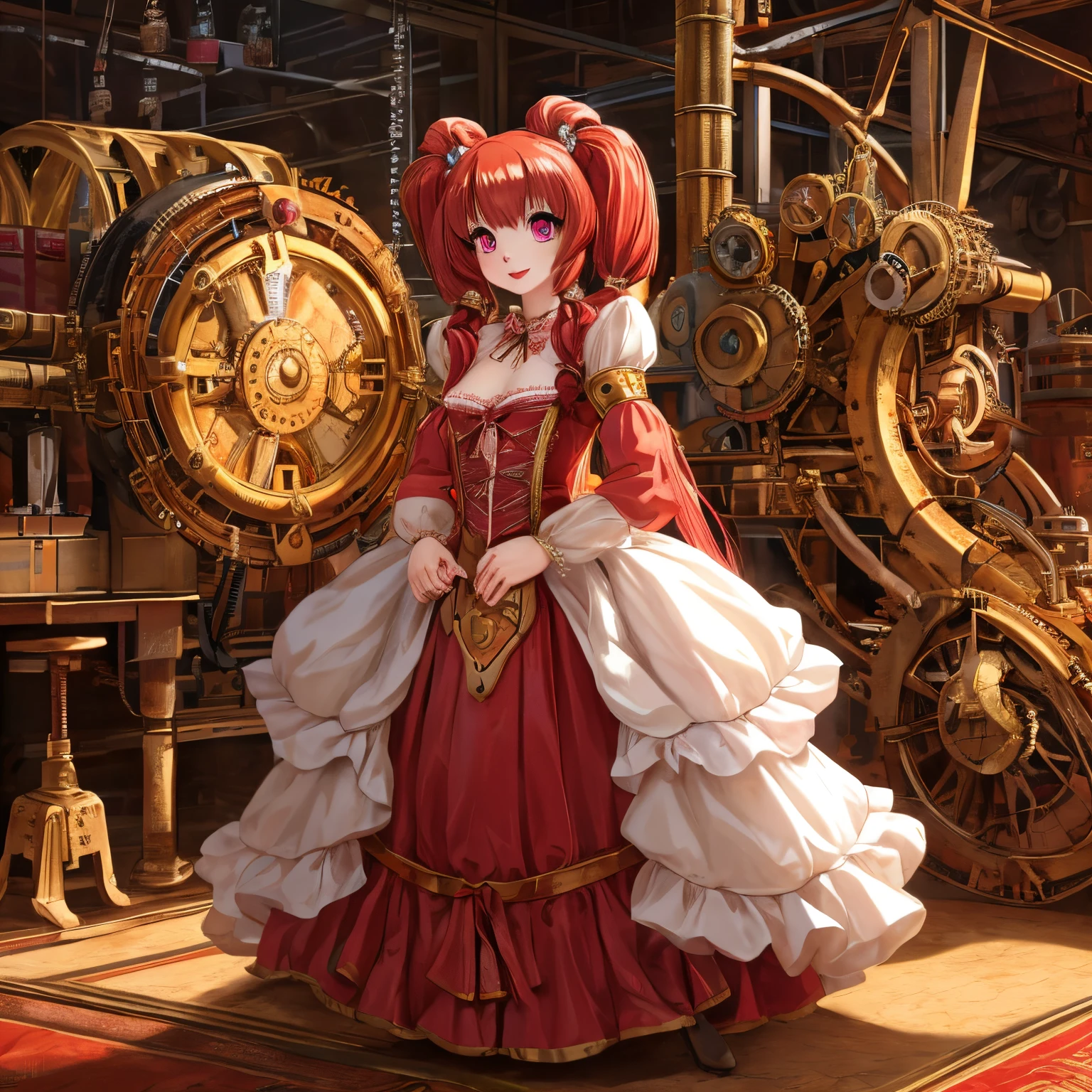 best quality,highres:1.2), ultra-detailed,realistic, anime style, portrait, full-length, pretty princess, beautiful detailed eyes, cute happy expression, long red pigtails hair, pink eyes, small breast, makeup and lipstick, steampunk, golden gears and machinery details, red and white ball gown with puffy sleeves, lace trim and ruffles, elaborate embroidery, delicate lace gloves, pretty tiara adorned with gems, fancy necklace and earrings,princess holding a rose bouquet in her hand, standing in a lush garden with blooming flowers, cobblestone pathway, steampunk landscape with floating islands and airships, cotton candy-colored clouds, soft golden sunlight illuminating the scene.