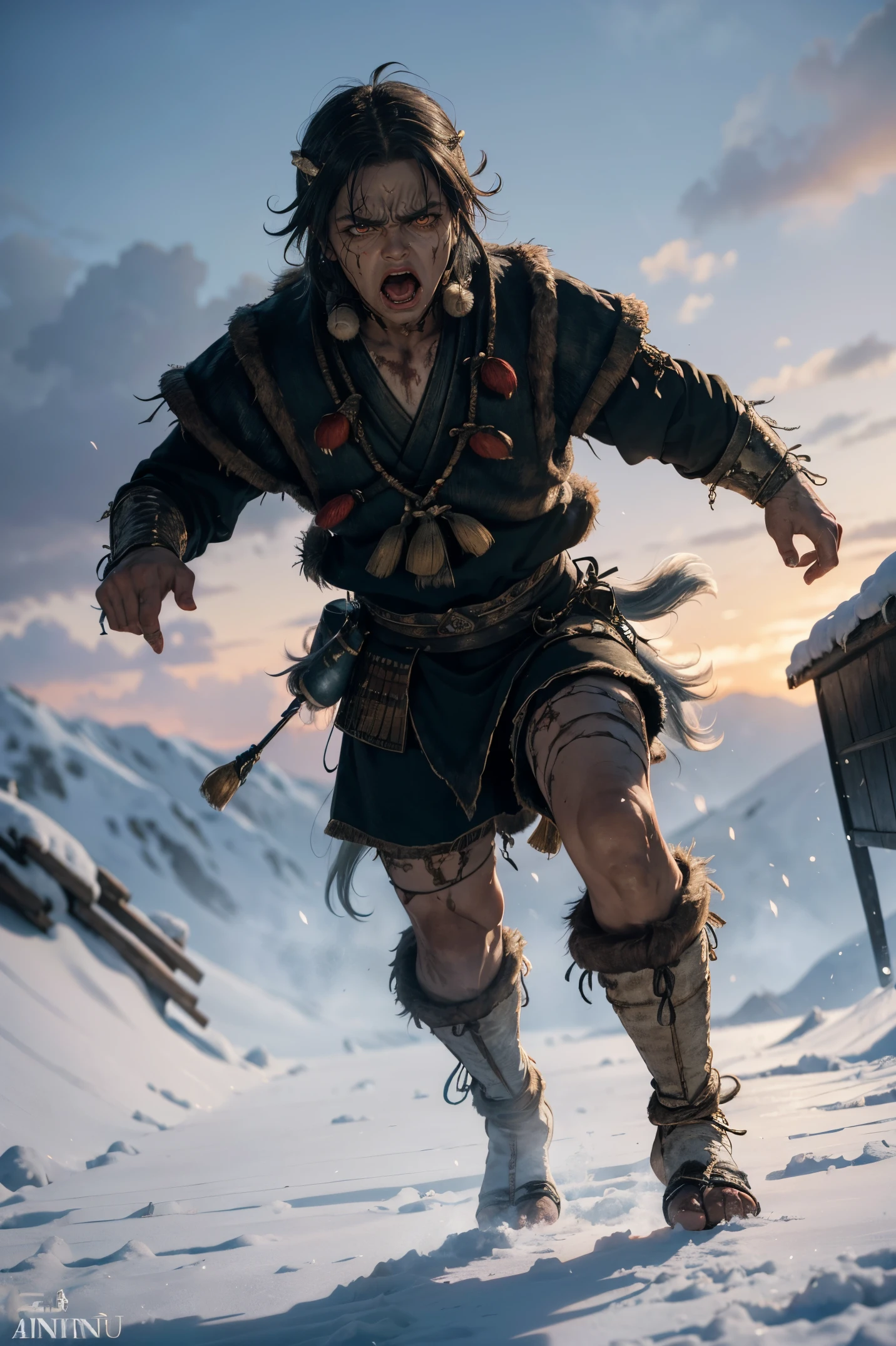 masterpiece, Highly detailed, super realistic, detailed background, bright Lighting, Daylight, beautiful face, beautiful eyes,
 medieval style, 4k, 8k, man, solo, 
(15-years-old zombie boy:1.2),
(wearing Costume of the Ainu people:1.5),
(arctic clothes),
(dynamic angle),(dynamic pose),
(full body:1.5),(running),
(be scared),(pale face),
(screaming),(inflamed eyes),(angry),