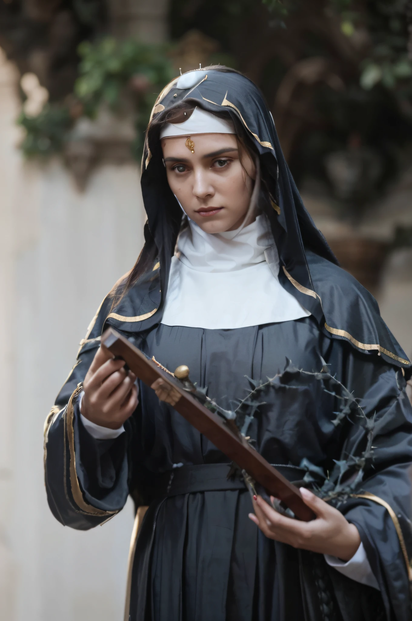 Realistic image of Saint Rita of Cassia holding the cross of Christ and a crown of thorns. She has a drop of blood in the middle of her forehead and is looking at the camera.