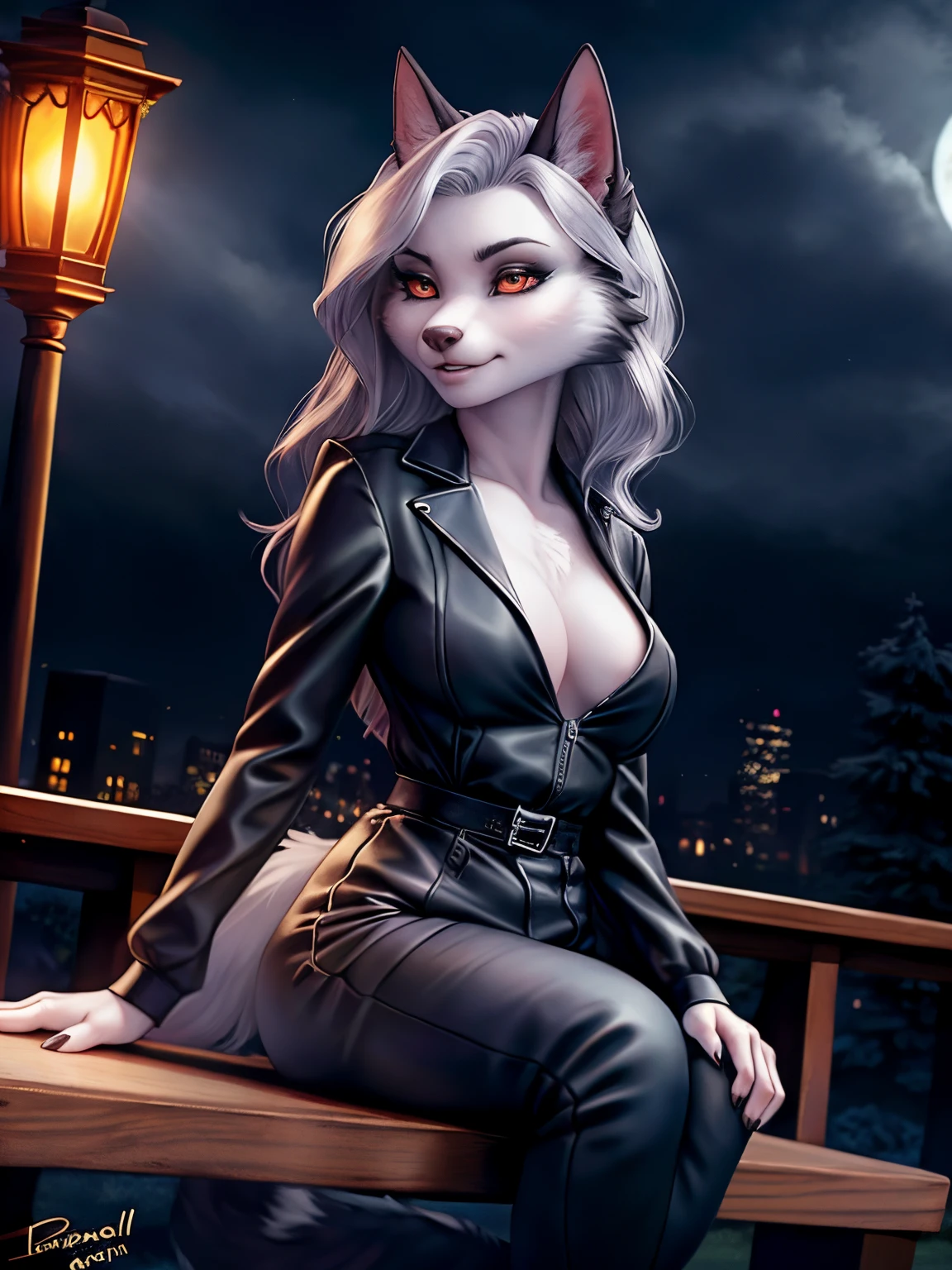 By iskra, by wolfy-nail, by personalami, Helluva Boss, Loona Hellhound, Loona, female, (detailed), view of the viewer, fluffy, solo, 1 girl, high resolution, photorealistic, cuooking, embarrassed looking, ((clear structural details)), detailed realism, slim, soft, 4k, excellent quality, high details, (seductive), detailed fur, in the city park, sitting on bench, at night, lantern, full moon, tight jeans pants, closed jack