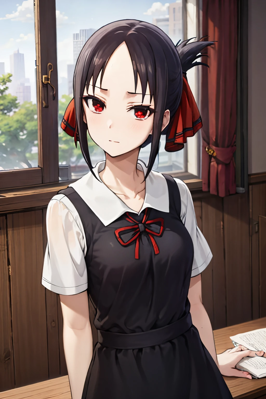kaguyashinomiya, kaguya shinomiya, folded ponytail, forehead, hair ribbon, (red eyes:1.5), red ribbon, ribbon, short hair, sidelocks, (small breast:1.2),
BREAK black dress, dress, pinafore dress, school uniform, shirt, short sleeves, shuuchiin academy school uniform, white shirt,
BREAK looking at viewer,
BREAK indoors, classroom,
BREAK (masterpiece:1.2), best quality, high resolution, unity 8k wallpaper, (illustration:0.8), (beautiful detailed eyes:1.6), extremely detailed face, perfect lighting, extremely detailed CG, (perfect hands, perfect anatomy),
