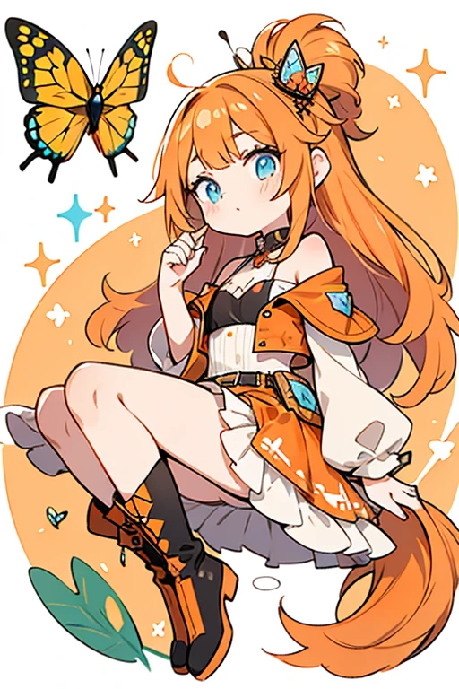Poppy is a freckled and fair-skinned age girl with a medium build. She has bright orange, hip-length, wavy hair streaked with hues of peach parted in the middle, offset by her large, pale sky blue eyes. Her makeup typically consists of shimmery orange eyeshadow mixed with brown and pink, winged black eyeliner, glittery highlight, and bold coral lipstick. Poppy's signature outfit consists of an orange vinyl bustier top worn over a pale orange slip dress adorned with a shimmery, sheer overlay. Over the outfit, she wears a cropped orange puffer jacket. To fit with her butterfly motif, she keeps one side of her hair partially pinned back with hair clips styled to look like monarch butterflies and knee-high statement boots decorated with an orange monarch butterfly pattern and the phrase, "FOR FLYING" written on the side.