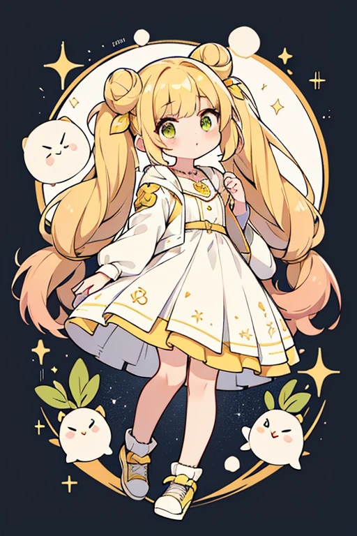 Sunny is a girl with a medium build and warm-undertoned deep skin, though sometimes throughout the animated series, it ranges from darker to lighter. She has bright yellow hair styled into a combination of odango buns and twin tails, which appears straight with straight cut ends in the animated series. Her greenish hazel eyes are framed by a blunt fringe, and she has four strands of hair on the front, two being short and the other two being long and curled. Her makeup typically consists of shimmery gold eyeshadow mixed with warm colors, sparkly highlight, and berry-colored lipstick. Sunny's signature outfit consists of a sparkly, pastel yellow baby doress with gold glitter dots under a golden jersey-style jacket. The jacket has white sleeves decorated with the word "RAINBOW" across the arms and a detailed drawing of a sun and moon on the back. She also wears thigh-high athletic socks with a rainbow stripe across the top and golden sneakers with a high rainbow platforms and white laces.